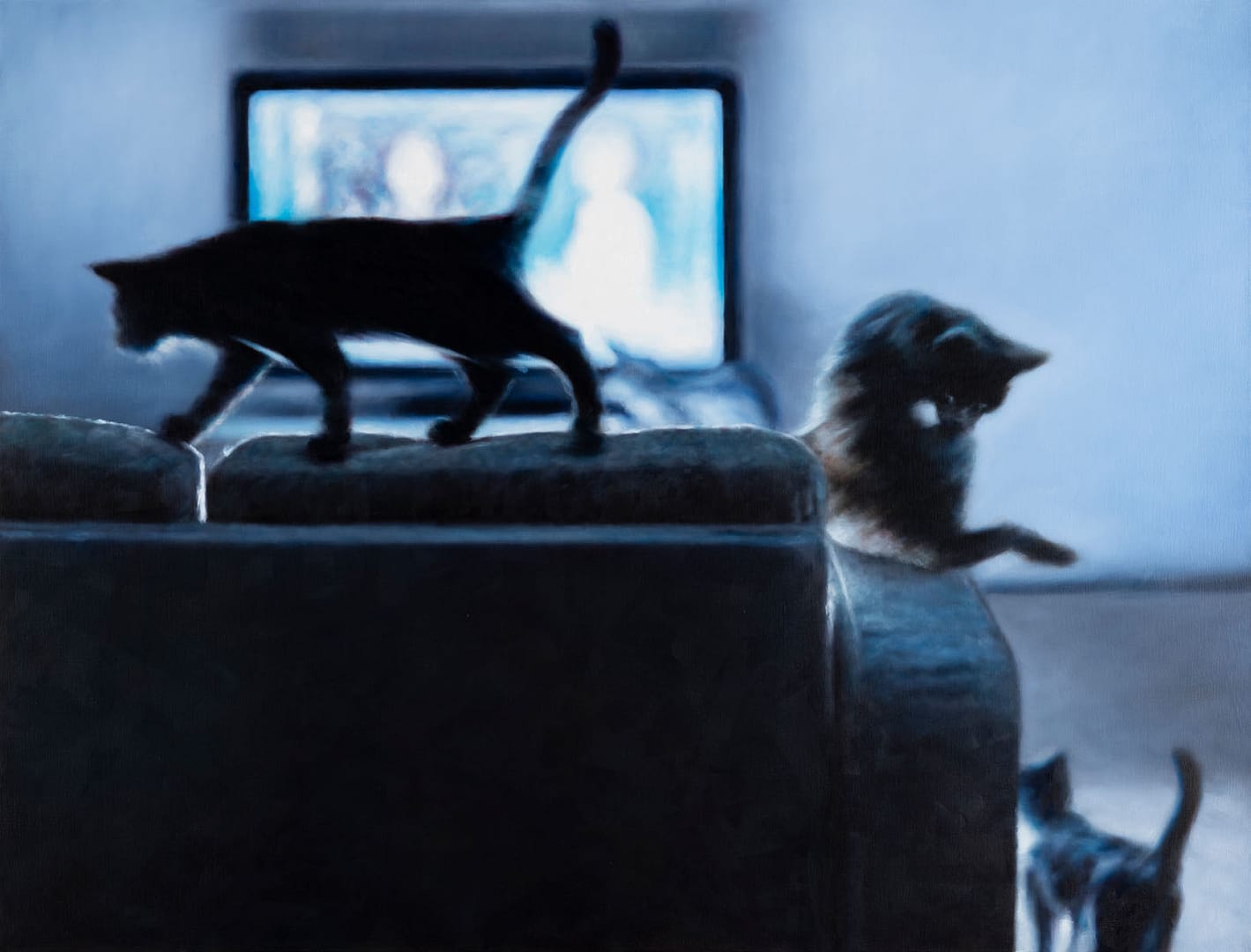 An oil painting by Philipp Fröhlich showing four cats climbing over and around a sofa standing in front of a lit television set.