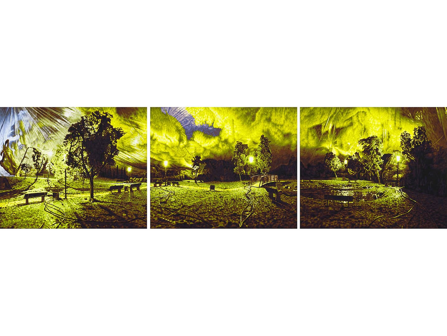Triptych painting by Philipp Fröhlich (tempera on canvas) showing a wide, nocturnal park landscape. First shown at the solo exhibition "Remote Viewing" at Soledad Lorenzo gallery in 2012.