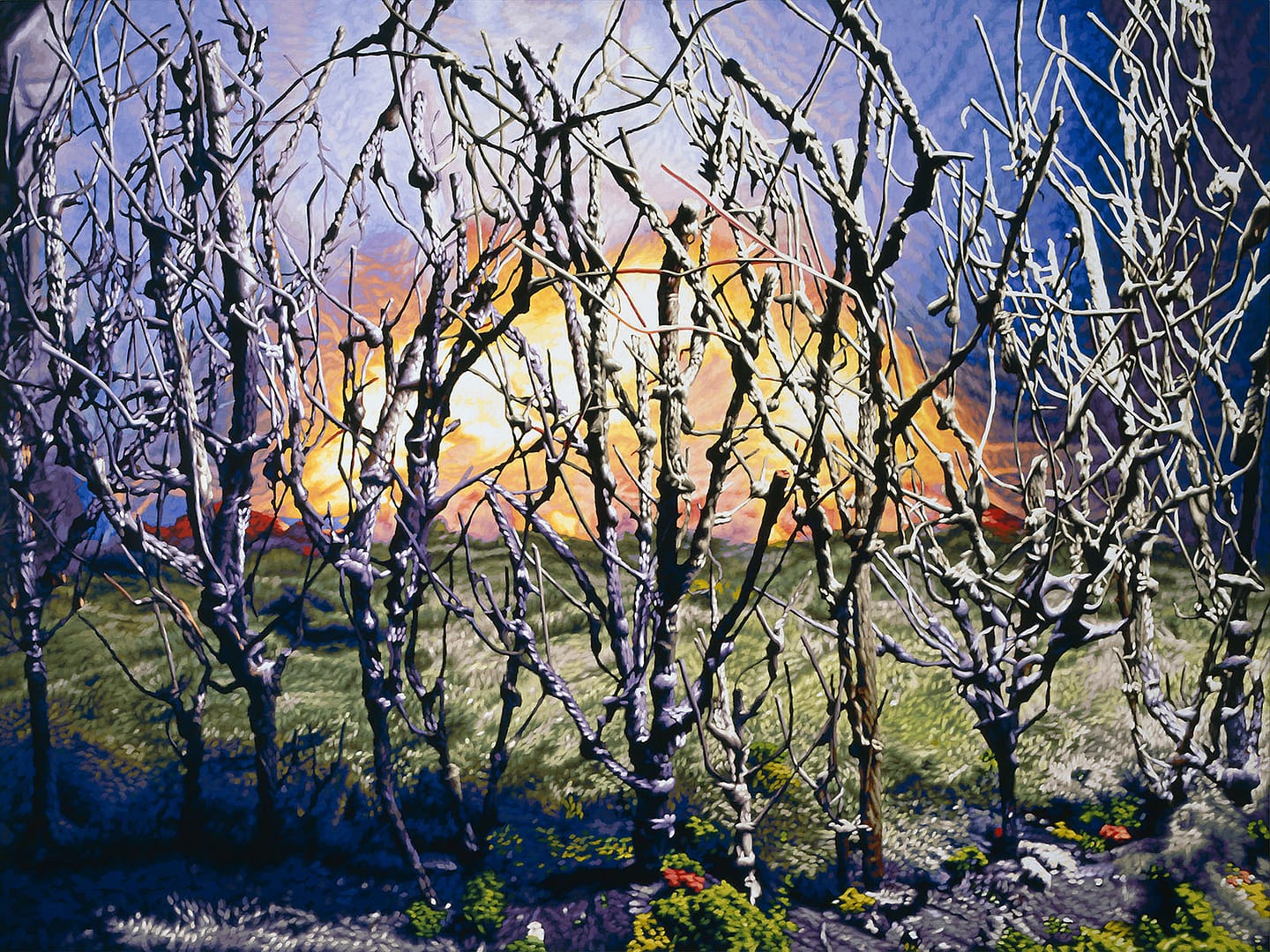 Tempera painting by Philipp Fröhlich showing an explosion behind tree structures. Originally shown at the solo exhibition "Scare the Night Away" at Soledad Lorenzo gallery in 2010