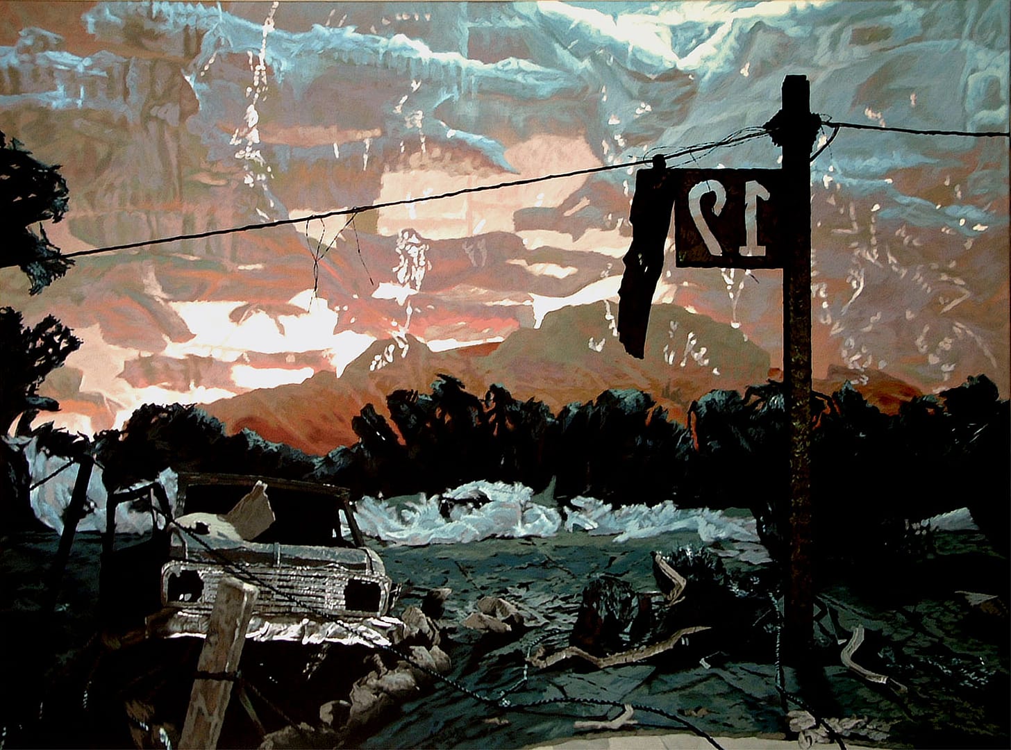 Tempera on canvas painting by Philipp Fröhlich showing a car wreck and a signpost in a barren landscape. Originally shown at the exhibition "Exvoto, Where is Nikki Black" at MUSAC museum, León