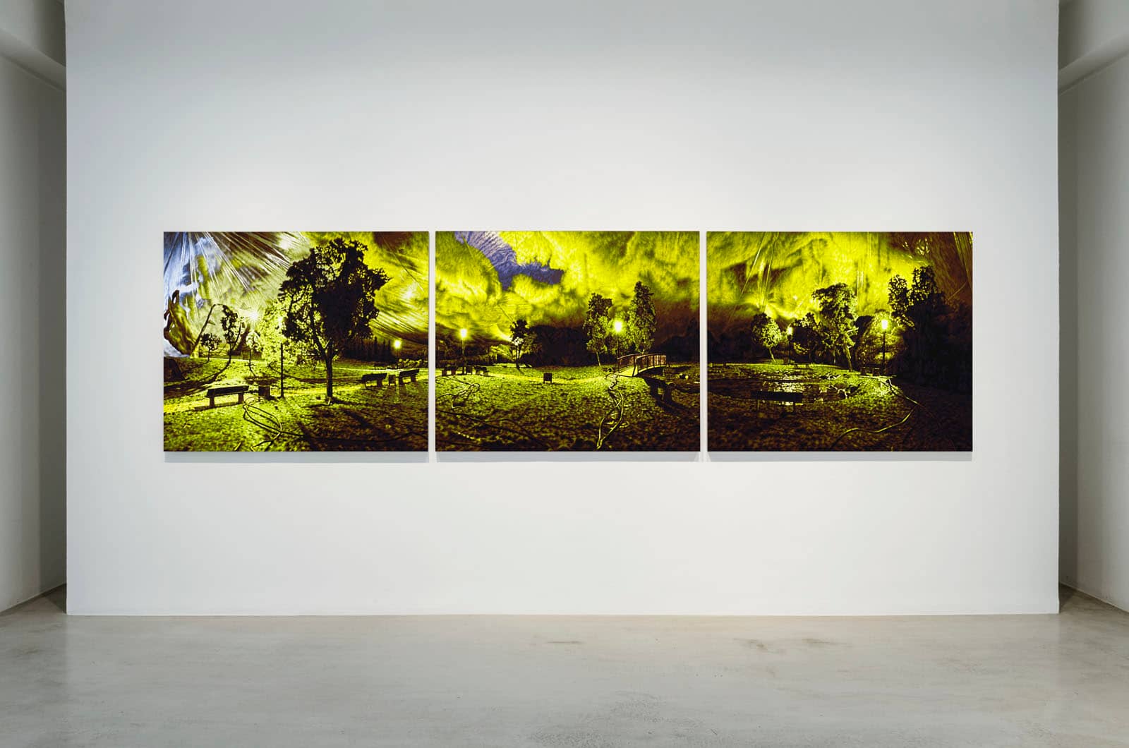 Exhibition view from the solo show "Remote Viewing" by Philipp Fröhlich at Soledad Lorenzo gallery in Madrid, Spain, 2012. The photo shows a triptych painting in tempera on canvas hanging in one of the gallery spaces.