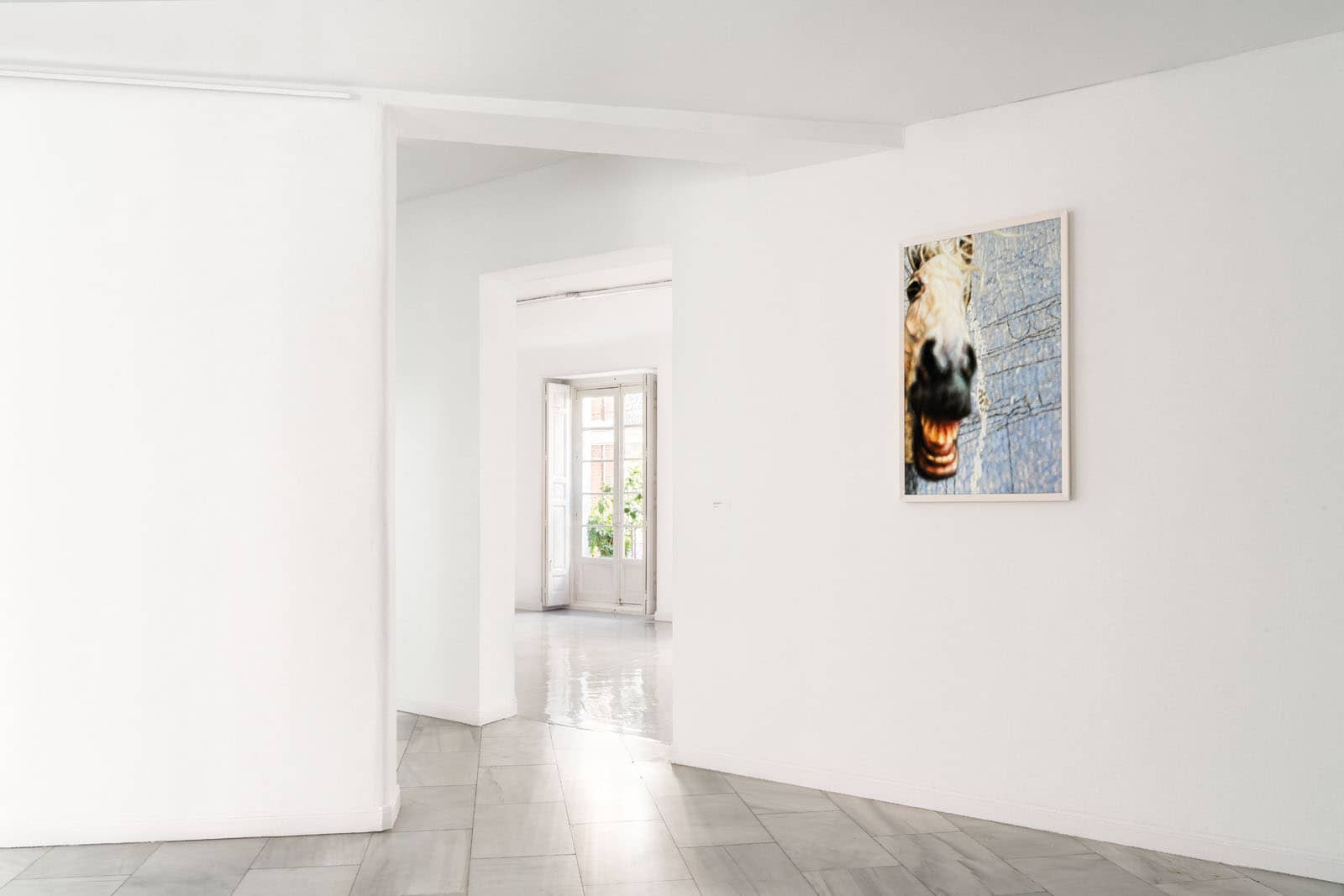 Exhibition view of the solo show "Falada" by Philipp Fröhlich at Juana de Aizpuru gallery in Spain, 2022. The image shows a single oil painting based on "die Gänsemagd" by the brothers Grimm, at the entrance of the gallery in Madrid.