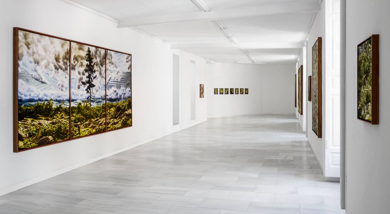 Exhibition view from Philipp Fröhlich's solo show "HOAP of a Tree" at Juana de Aizpuru gallery in Madrid. Various tempera paintings are seen hanging at the gallery space in Madrid.