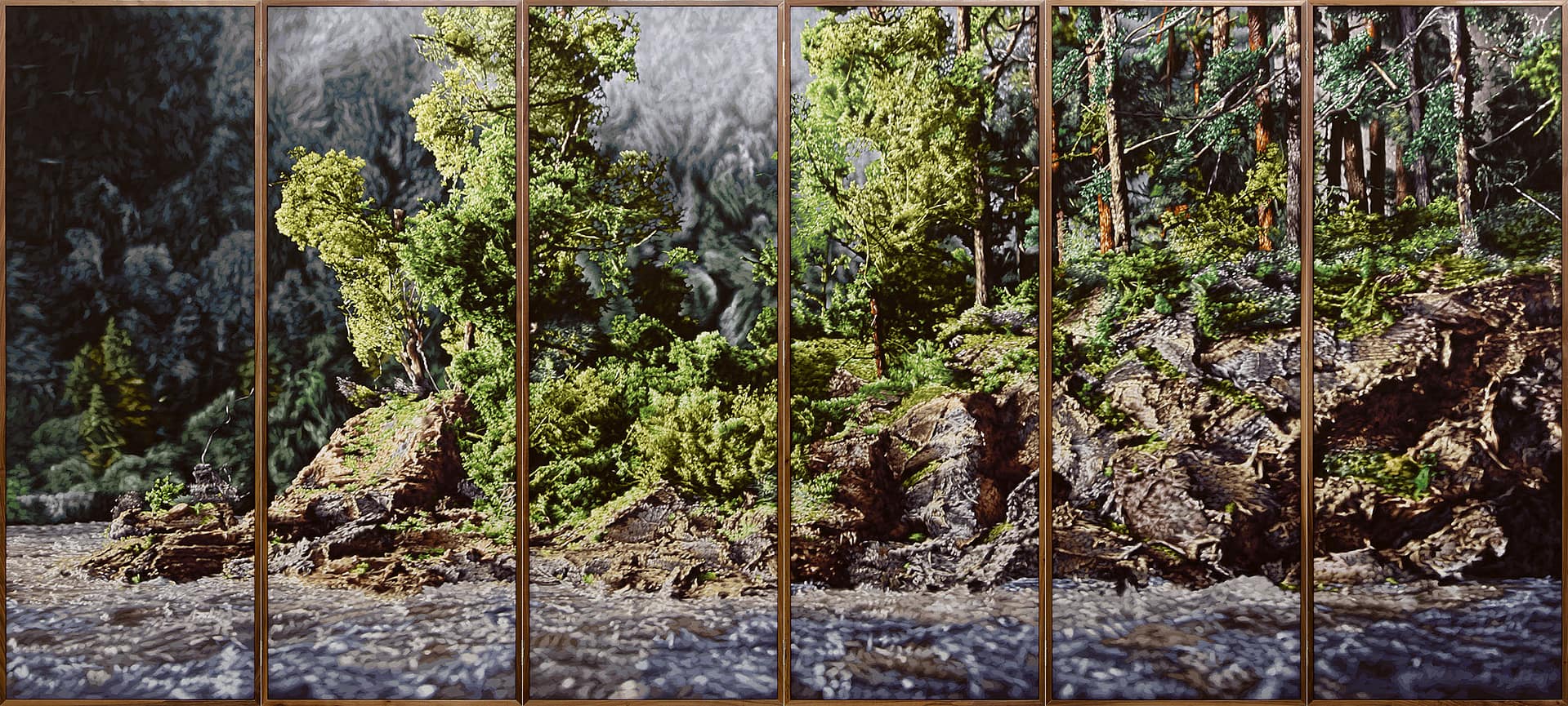 A six panel paravent (byobu) made by Philipp Fröhlich with a tempera painting showing the island of Utøya. First shown at the solo exhibition "HOAP of a tree" at Juana de Aizpuru gallery in Madrid.
