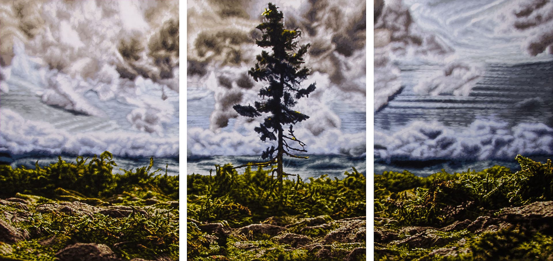 Triptych painting in tempera on canvas by Philipp Fröhlich showing old Tjikko in a wide landscape view. The title is taken from Russell Hoban's Riddley Walker. First shown at the solo exhibition "HOAP of a tree" at Juana de Aizpuru gallery in Madrid.