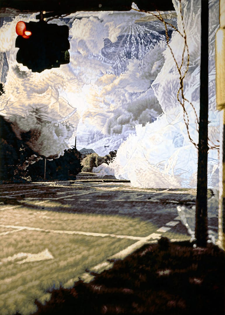 Tempera painting by Philipp Fröhlich showing a road with traffic lights and smoke. From the collection of the CA2M. First shown at Art Basel 2009 with Soledad Lorenzo gallery