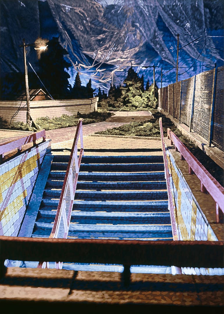 Painting by Philipp Fröhlich showing the nocturnal stairways leading down to a subway station. First shown at Art Basel 2010.