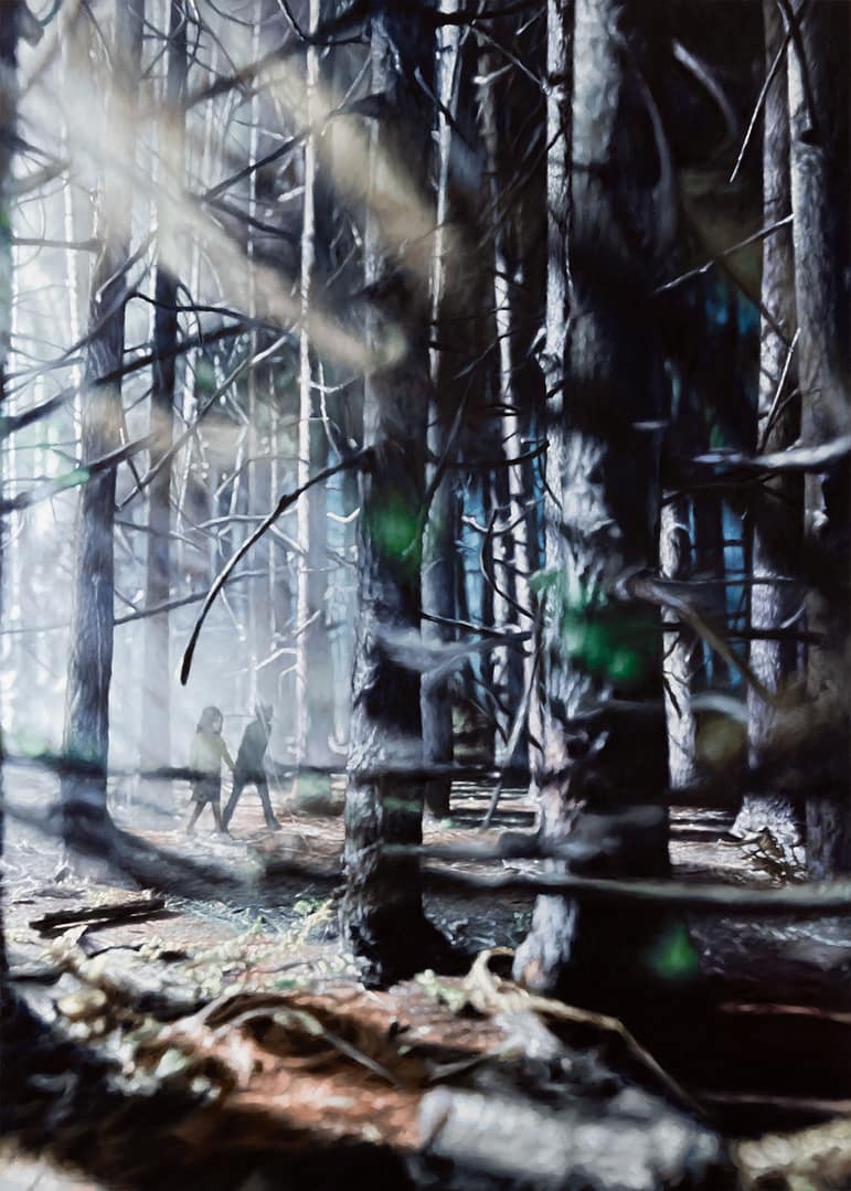 A painting showing Hänsel and Gretel lost in the forest, from a series of paintings by Philipp Fröhlich based on the popular fairy tale by the brothers Grimm. First shown at the solo exhibition "Hänsel und Gretel" at Juana de Aizpuru gallery in 2019.