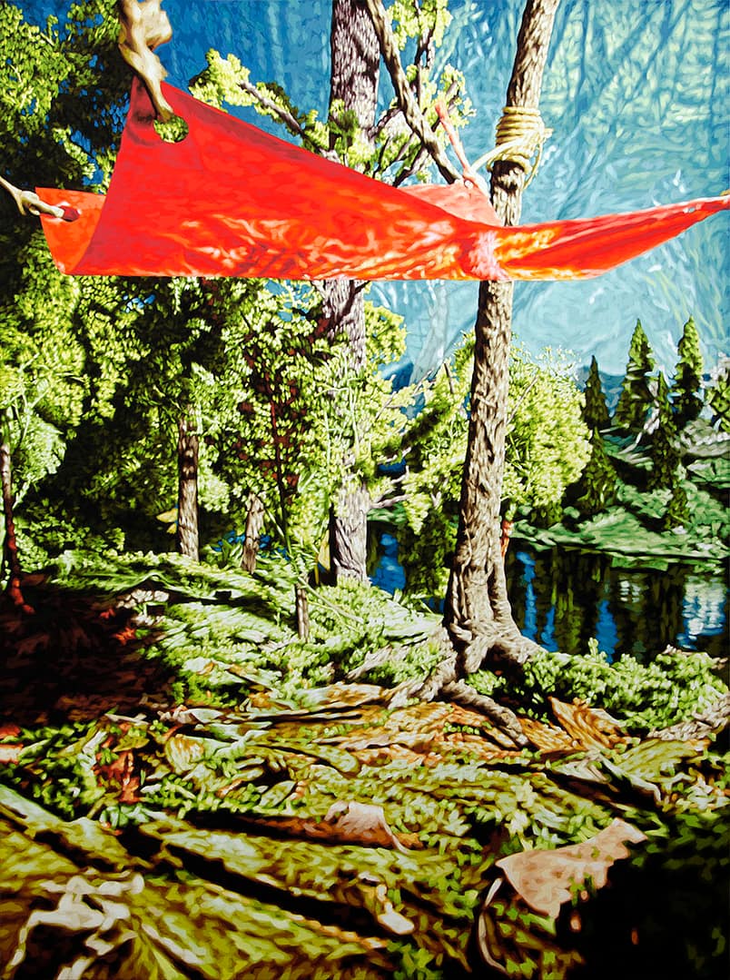 Tempera painting from 2012 by Philipp Fröhlich, showing a red tent-like structure in a green landscape first shown at Art Basel Hong-Kong 2012 with Soledad Lorenzo gallery.