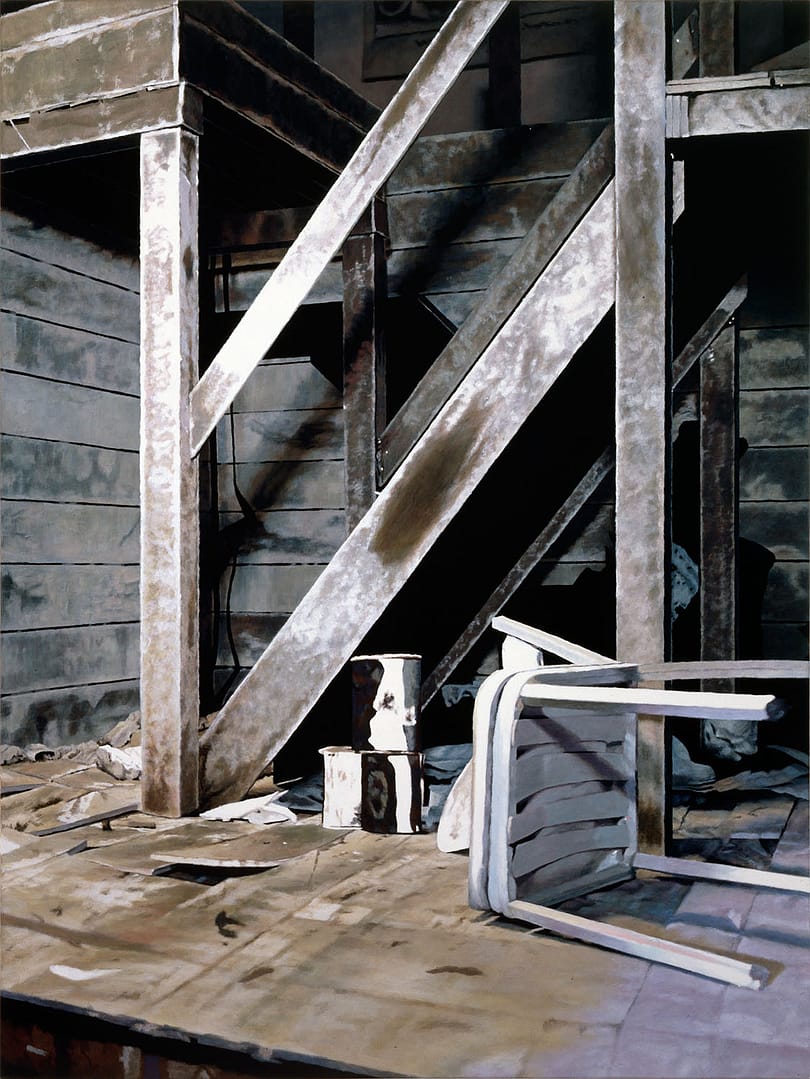 Painting of a crime scene by Philipp Fröhlich, tempera on canvas. Originally shown at the exhibition "Exvoto, Where is Nikki Black" at MUSAC museum, León