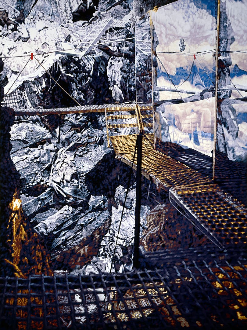 Tempera painting by Philipp Fröhlich from the collection of the Reina Sofia Museum in Madrid, showing a steep rock structure with walkways and stairs. First shown at Art Basel 2008 with Soledad Lorenzo gallery.