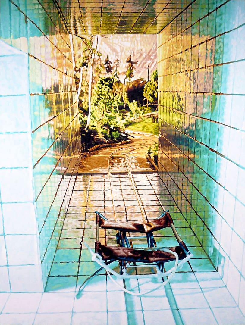 Large scale tempera on canvas painting by Philipp Fröhlich from the collection of the museum Patio Herreriano in Valladolid, showing a strange object on rails, a tiled room and a landscape. First shown at Arco Madrid 2008 with Soledad Lorenzo gallery