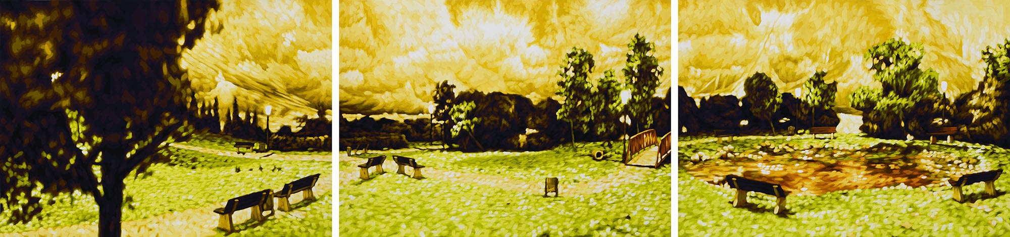 Philipp Fröhlich, Triptych, Landscape, Park, (141LT), 2012. tempera on paper, 50 x 213 cm cm