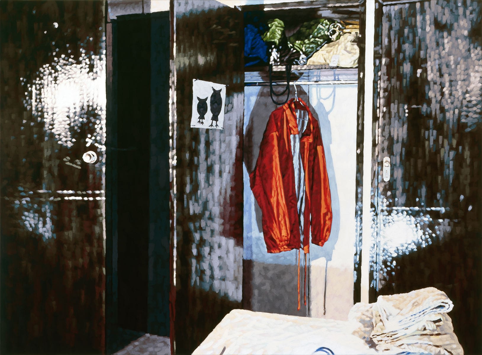 Philipp Fröhlich, wardrope, raincoat, still life painting, (102L), 2008. tempera on canvas, 110 x 145 cm