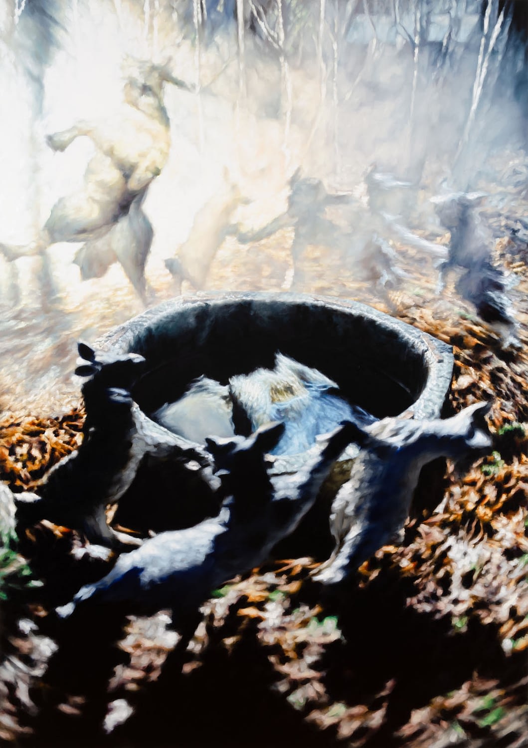 Philipp Fröhlich, Art Düsseldorf, Der Wolf und die sieben jungen Geißlein [The Wolf and the Seven Young Kids], 2017. Öl auf Leinwand/oil on canvas, 275 × 195 cm, (241L)