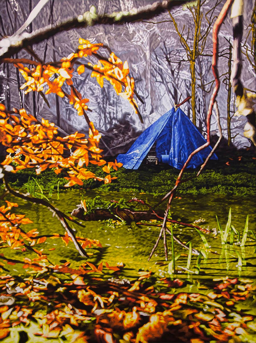 Philipp Fröhlich, landscape painting, tent, (154L), 2012. tempera on canvas, 195 x 145 cm